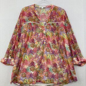 Juniper + Lime size 1X Colorful Floral Mesh Rolled Sleeve Stretch Blouse Office